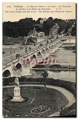 Ansichtskarte AK Tours Le pont de pierre et la Loire La tranchee le jardin et la statue de Descartes