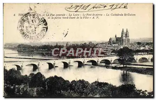 Cartes postales Tours Vue generale La Loire le pont de pierre La cathedrale St Gatien