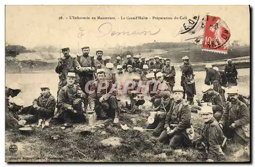 Cartes postales Militaria L&#39infanterie en manoeuvre La Grand Halte Preparation du Cafe