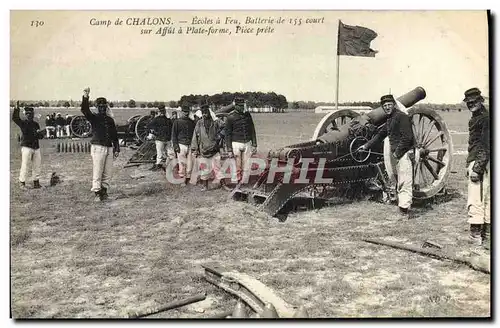 Cartes postales Militaria Camp de Chalons Ecoles a feu Batterie de 155 court sur affut a plate forme