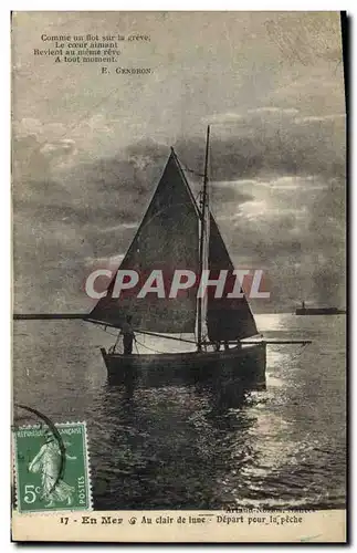 Cartes postales Bateau de peche En mar Au clair de lune Depart pour la peche