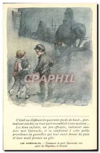 Cartes postales Fantaisie Illustrateur Poulbot Victor Hugo Les miserables Gavroche Napoleon le Grand Elephant