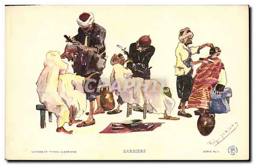 Cartes postales Fantaisie Afrique du Nord Illustrateur Barbiers Coiffeur