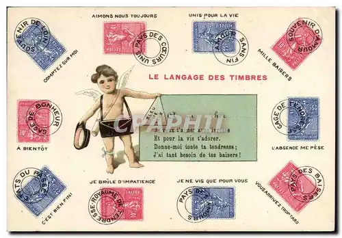 Cartes postales Le langage des timbres Semeuse 10c 25c Ange