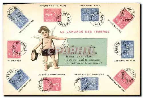 Cartes postales Le langage des timbres Semeuse 10c 25c Ange