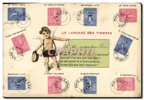 Cartes postales Le langage des timbres Semeuse 10c 25c Ange