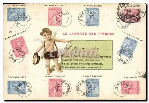 Cartes postales Le langage des timbres Semeuse 10c 25c Ange