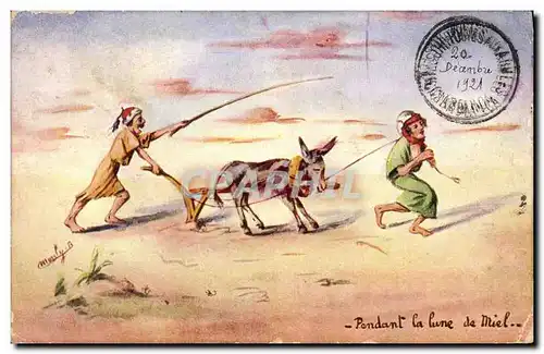 Cartes postales Fantaisie Illustrateur Afrique du Nord Pendant la lune de miel Ane Mule