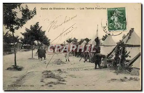 Cartes postales Fantaisie Militaria Camp de Sissonne Les tentes fleuries