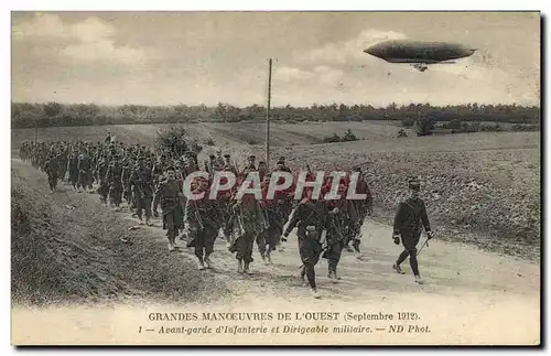 Cartes postales Fantaisie Militaria Grandes Manoeuvres de l&#39Ouest Avant garde d&#39infanterie et dirigeable m