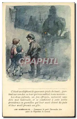 Ansichtskarte AK Fantaisie Illustrateur Poulbot Victor Hugo Les miserables Gavroche Napoleon Elephant