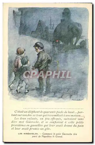 Cartes postales Fantaisie Illustrateur Poulbot Victor Hugo Les miserables Gavroche Napoleon Elephant