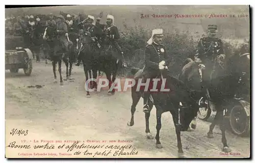 Ansichtskarte AK Militaria Les grandes manoeuvres d&#39armees de 1902 Le prince des Asturies a cheval et son esco