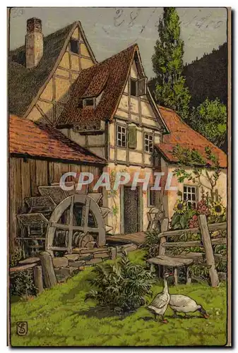 Cartes postales Fantaisie Illustrateur Maison Moulin a eau