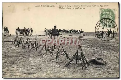 Ansichtskarte AK Militaria Camp de Chalons Ecoles a feu Artillerie lourde avec pieces de 155 court Modele 1890