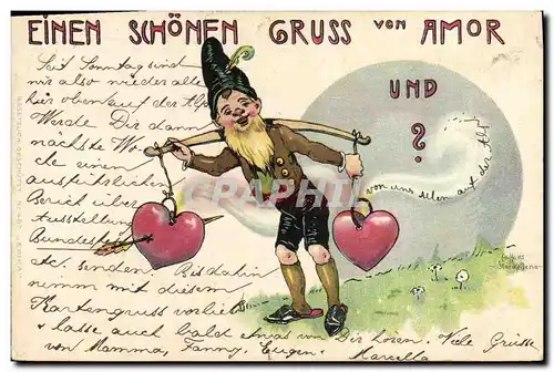 Cartes postales Fantaisie Lutin Gruss von Amor Coeur