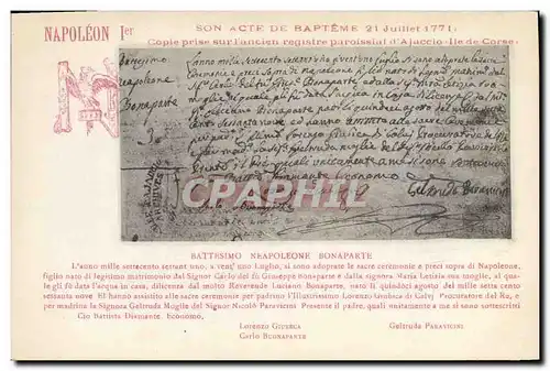 Cartes postales Napoleon 1er Acte de bapteme 21 juillet 1771 Ajaccio Corse