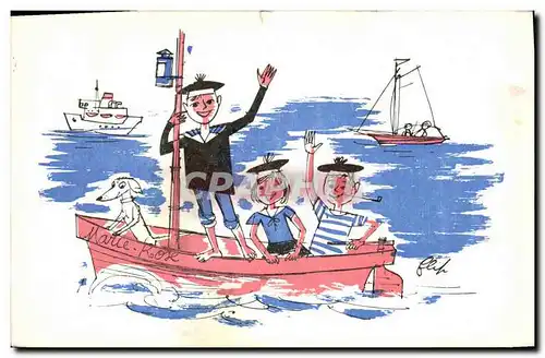 Cartes postales Fantaisie Illustrateur Enfants Bateau Chien