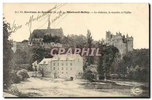 Cartes postales Moulin a eau Environs de Saumur Montreuil Bellay Le chateau Le moulin et l&#39eglise