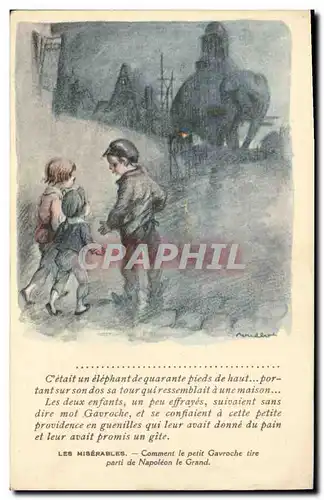 Ansichtskarte AK Fantaisie Illustrateur Poulbot Victor Hugo Les Miserables Gavroche Napoleon Elephant