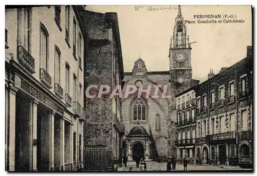 Cartes postales Banque Perpignan place Gambetta et cathedrale Societe Generale