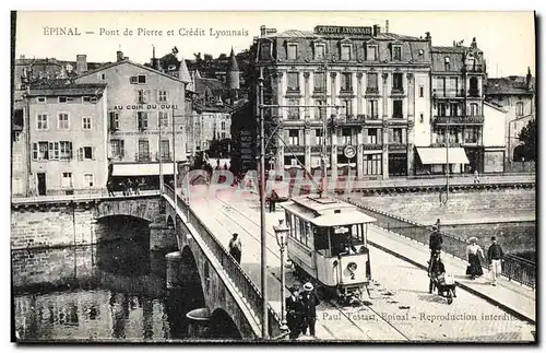 Cartes postales Banque Epinal Pont de pierre et Credit Lyonnais Tramway