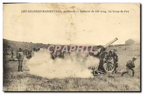 Ansichtskarte AK Militaria Les grandes manoeuvres Artillerie Batterie de 155 long Le coup de feu