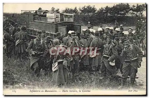 Cartes postales Militaria Infanterie en manoeuvres Halte horaire la cantine