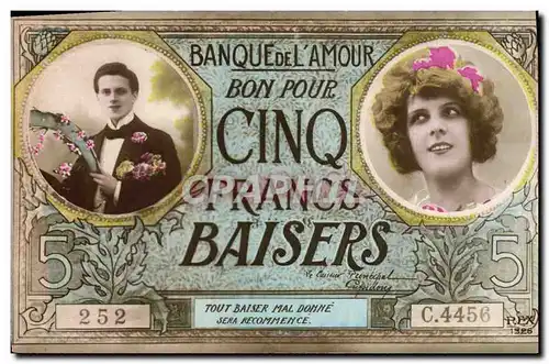 Cartes postales Banque de l&#39Amour Cinq Francs Baisers