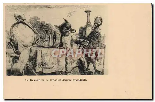 Cartes postales Fantaisie Illustrateur Le renard et la cigogne d&#39apres Grandville