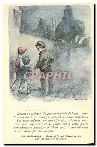 Ansichtskarte AK Fantaisie Illustrateur Poulbot Victor Hugo Les Miserables Napoleon Gavroche Elephant