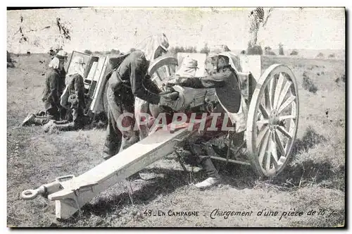 Cartes postales Militaria En Campagne Chargement d&#39une piece de 75 mm