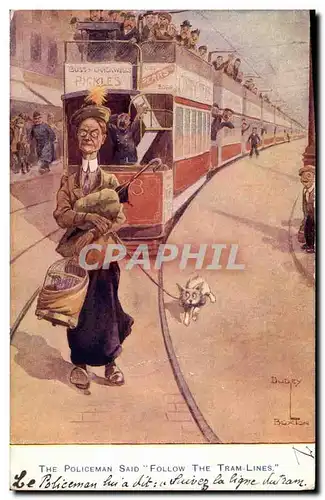 Ansichtskarte AK Fantaisie Illustrateur The policeman said Follow the Tram lines Tramway Chien