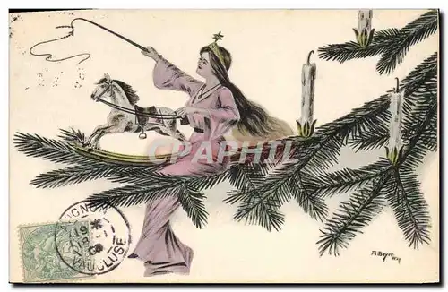 Ansichtskarte AK Fantaisie Illustrateur Femme Sapin Cheval