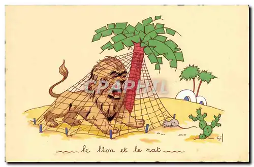 Cartes postales Fantaisie Illustrateur Le lion et le rat