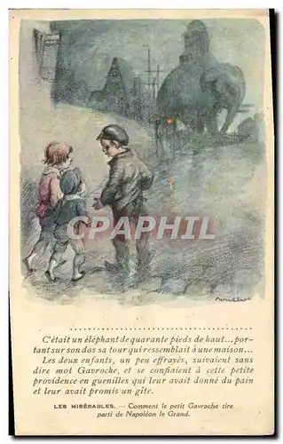 Ansichtskarte AK Fantaisie Illustrateur Poulbot Victor Hugo Les miserables Gavroche Napoleon Elephant