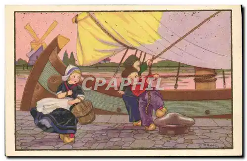 Cartes postales Fantaisie Illustrateur Enfants Bateau Moulin a vent