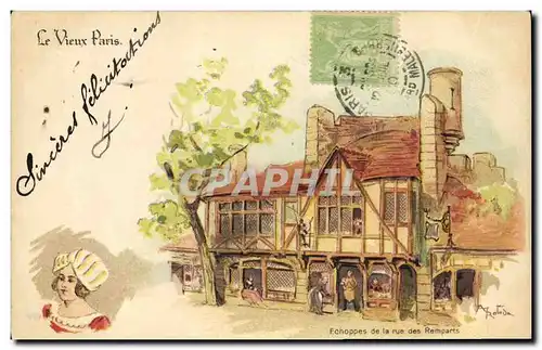 Cartes postales Le Vieux Paris Au Bon Marche Echoppes de la rue des remparts Chocolat Guerin Boutron Rue du Maro