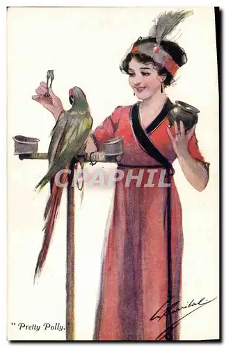 Cartes postales Fantaisie Illustrateur Femme Perroquet Pretty Polly Oiseau