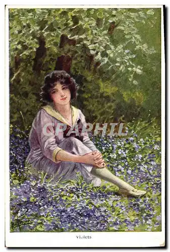 Cartes postales Fantaisie Illustrateur Femme Violets