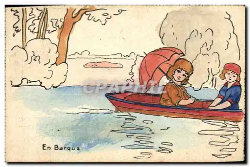 Cartes postales Dessin a la main Enfants en barque