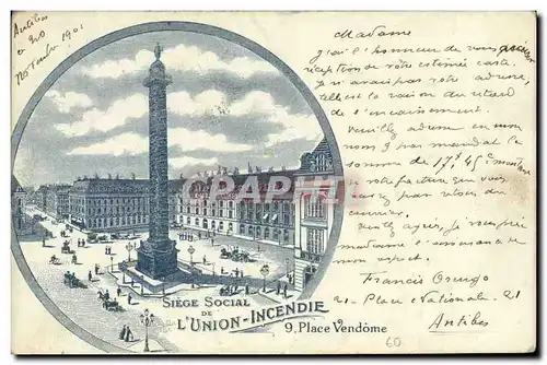 Cartes postales Assurance Paris Place Vendome L&#39Union Incendie