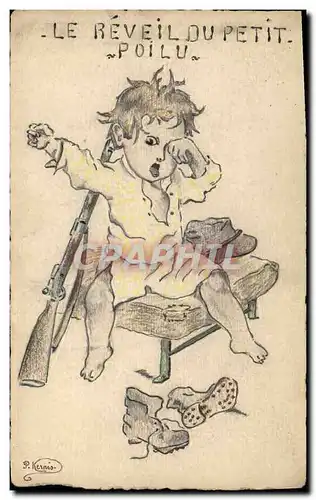 Ansichtskarte AK Dessin a la main Enfant Le reveil du petit poilu Chasse Chasseur