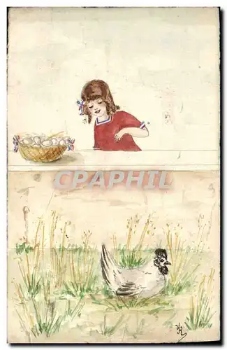 Ansichtskarte AK Dessin a la main Enfant Poule