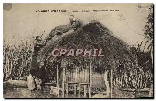 Cartes postales Negre Homme Noir Colonies Africaines Femmes indigenes reconstruisant leur case