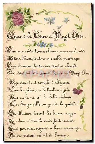 Cartes postales Dessin a la main Fleurs Poeme Quand le coeur a Vingt Ans