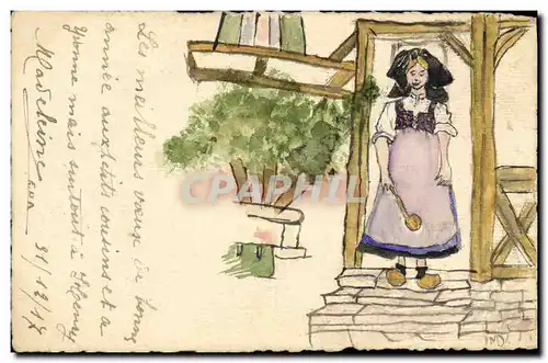 Cartes postales Dessin a la main Femme Alsace Folklore