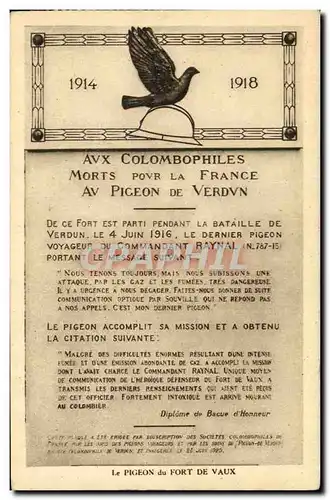 Cartes postales Colombe Colombophilie Aux Colombophies morts pour la France Verdun Militaria