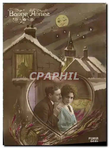 Cartes postales Fantaisie Lune Femme Bonne annee Coeur