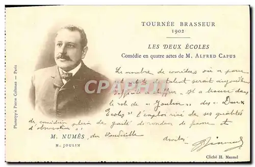 Ansichtskarte AK Theatre Tournee Brasseur 1902 Les Deux Ecoles Comedie de Alfred Capus Numes Joulin